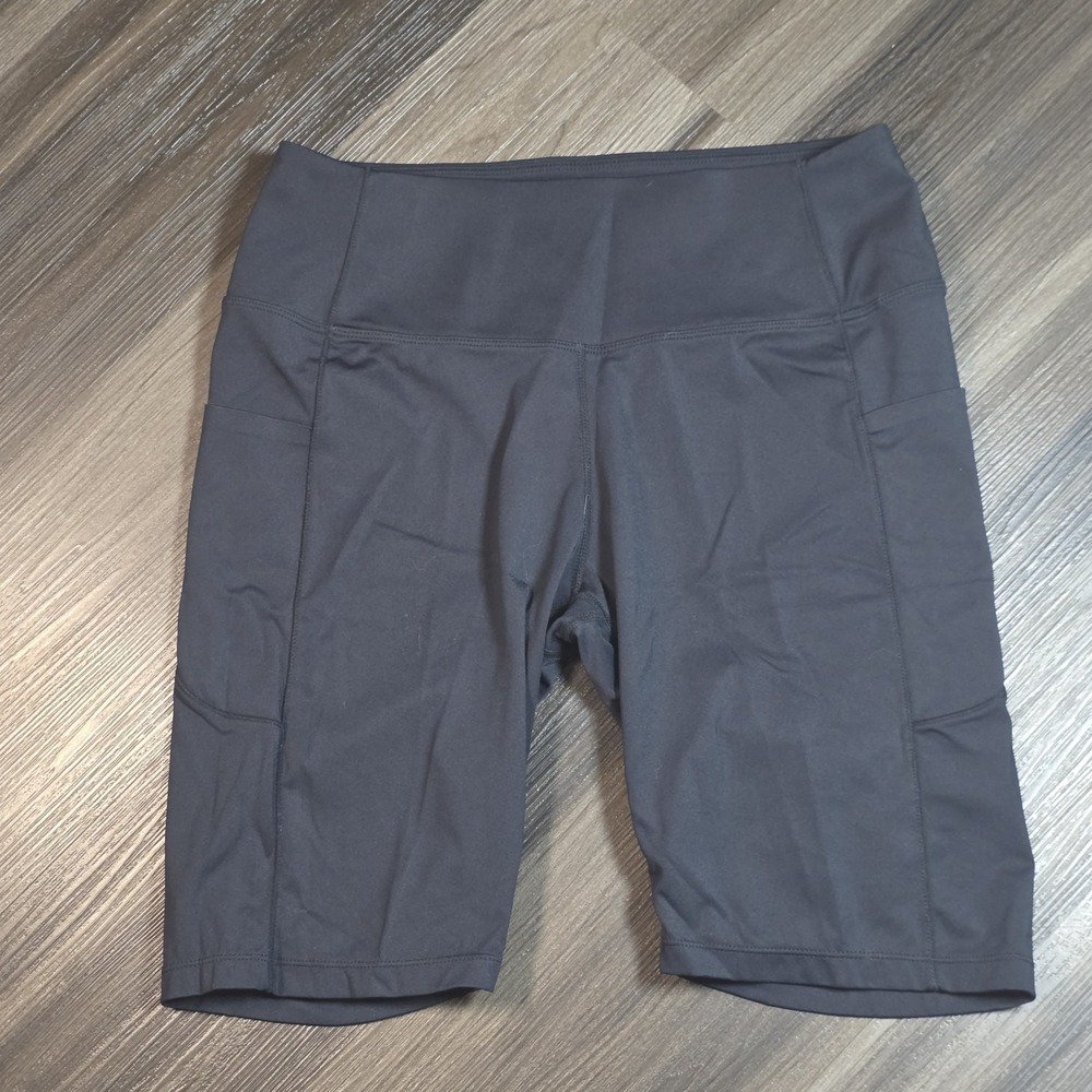 Oalka Women's High Waisted Yoga Bike Shorts Black Size L Large Side Pockets